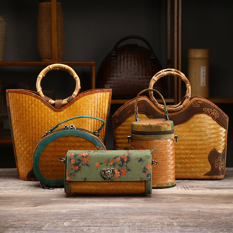 Chinese style Xiangyun Yarn fabric bamboo woven bag cheongsam matching daily clothing bamboo woven handbag bamboo crafts ladies bag