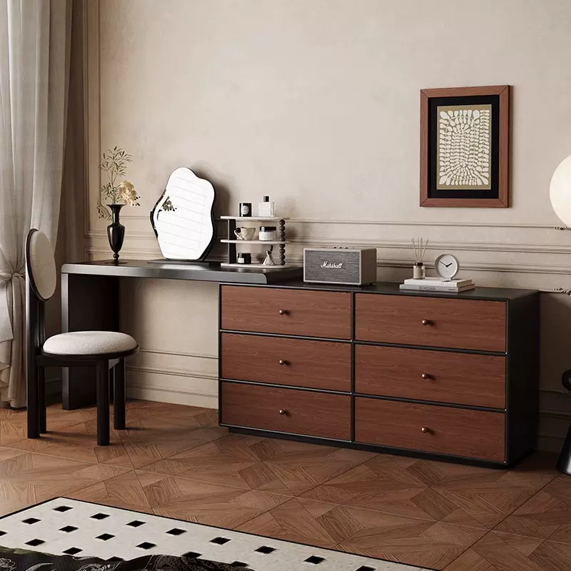 梦鹿M2中古风梳妆台斗柜一体卧室胡桃木纹化妆桌全实木化妆台收纳