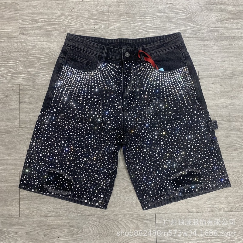 Marca de moda para hombres y mujeres 2025 nuevo verano nuevo estilo pantalones cortos de mezclilla de diamantes calientes rotos pantalones cortos retro de calle de todo fósforo rectos