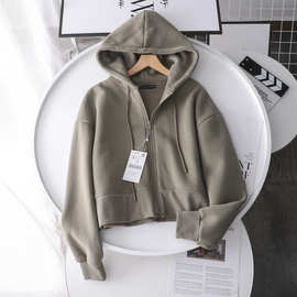 西班牙dan 2023年新款时髦港味高腰显瘦螺纹边拉绒连帽卫衣外套女