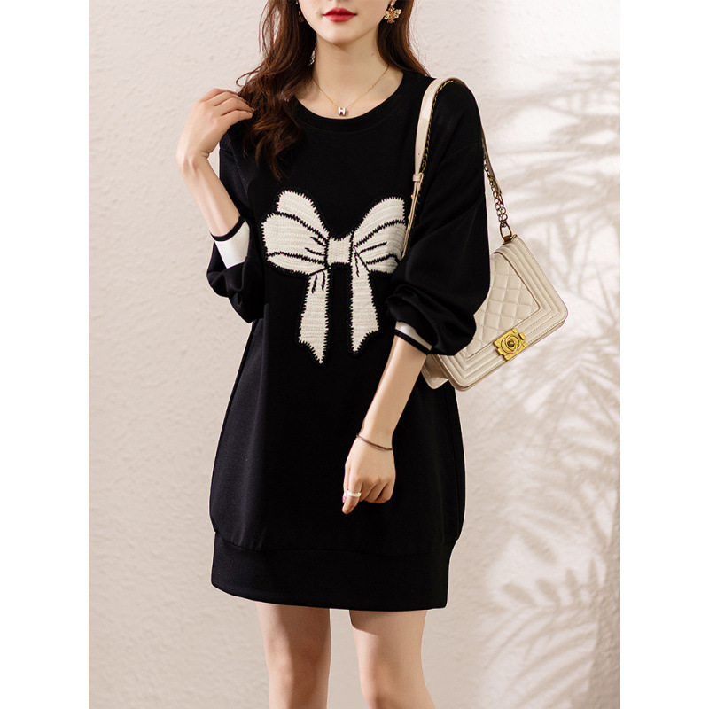 2025 New Autumn Round Neck Bow Air Cotton Loose Sweatshirt Dress for Women # 2056