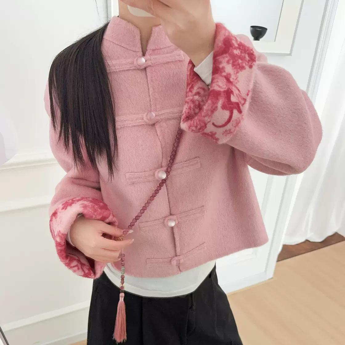 SW绵羊毛混纺双面穿新中式毛呢外套女2025冬季新国风上衣 S4MN007