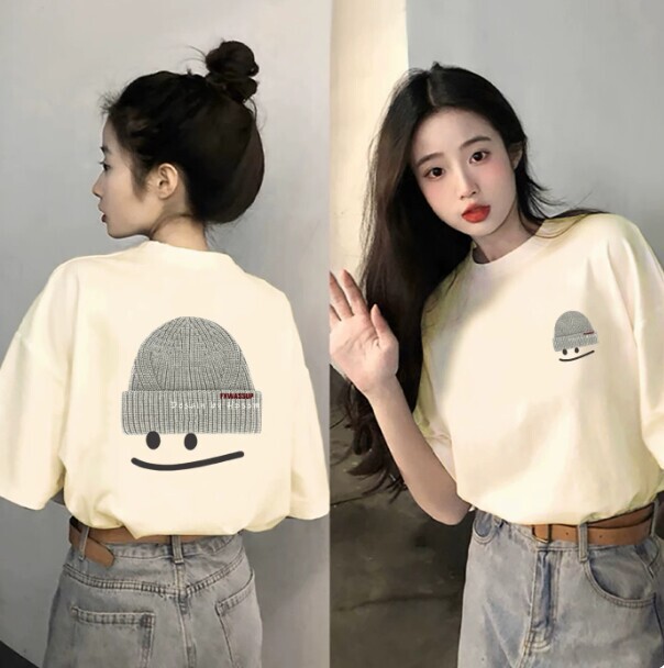 Apricot-Colored Cotton Short-Sleeve T-Shirt for Women, 2026 Summer New Style, Hat Print, Loose Fit, Slimming, Niche Design Top Apricot-Colored Cotton Short-Sleeve T-Shirt for Women, 2026 Summer New Style, Hat Print, Loose Fit, Slimming, Niche Design Top