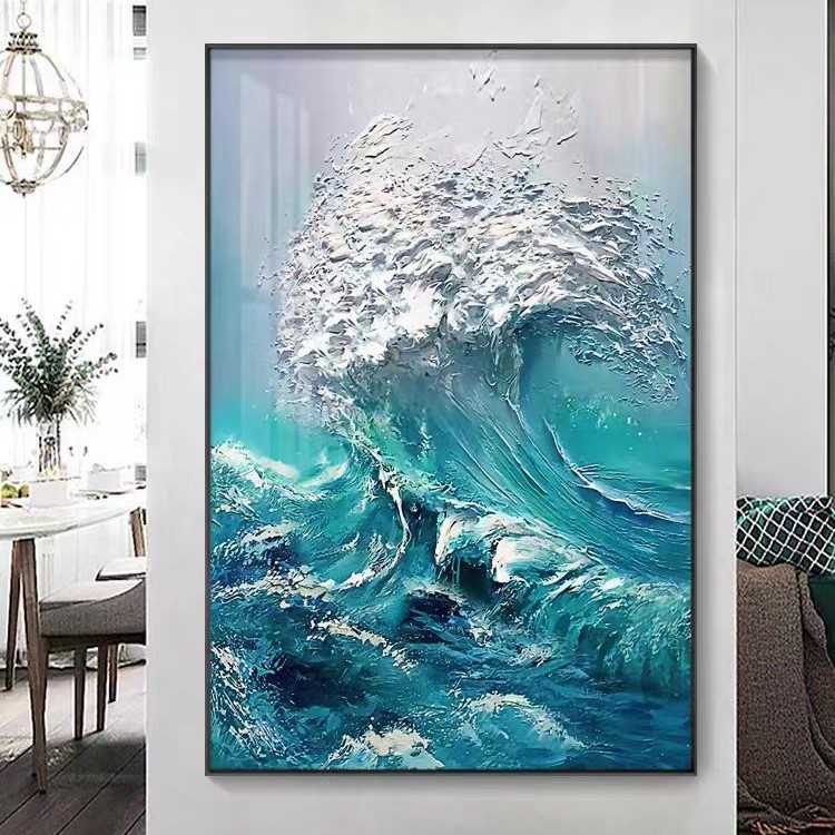 风生水起纯手绘油画意式玄关装饰画肌理抽象海浪入户走廊过道挂画