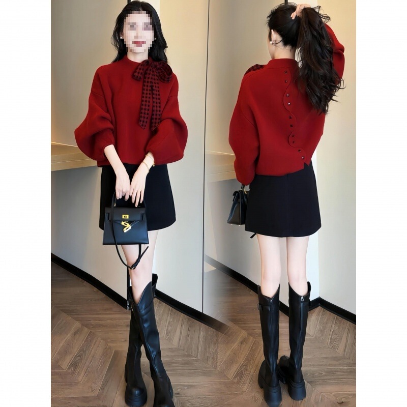 Bat-sleeve solid color knit top for women, new autumn and winter style, versatile and elegant, with a relaxed fit and shoulder ties with bows Bat-sleeve solid color knit top for women, new autumn and winter style, versatile and elegant, with a relaxed fit and shoulder ties with bows