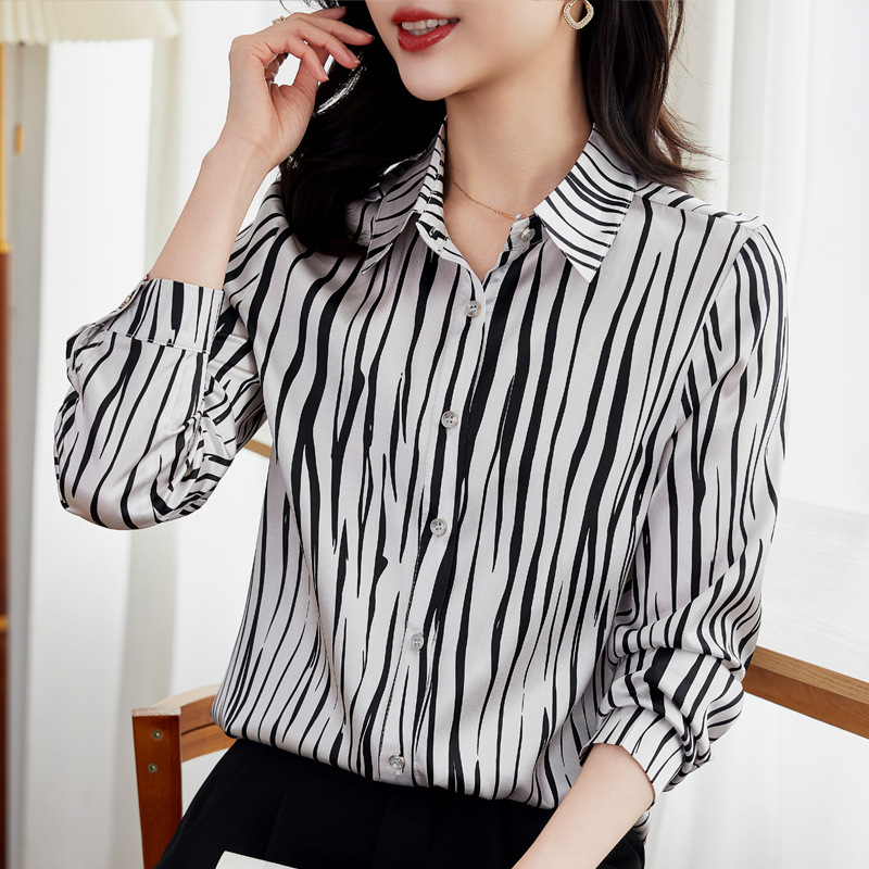 Fashionable High-End Stretch Satin Heavy Silk Shirt for Women, Long-Sleeve 2026 Spring New Striped Mulberry Silk Top Fashionable High-End Stretch Satin Heavy Silk Shirt for Women, Long-Sleeve 2026 Spring New Striped Mulberry Silk Top