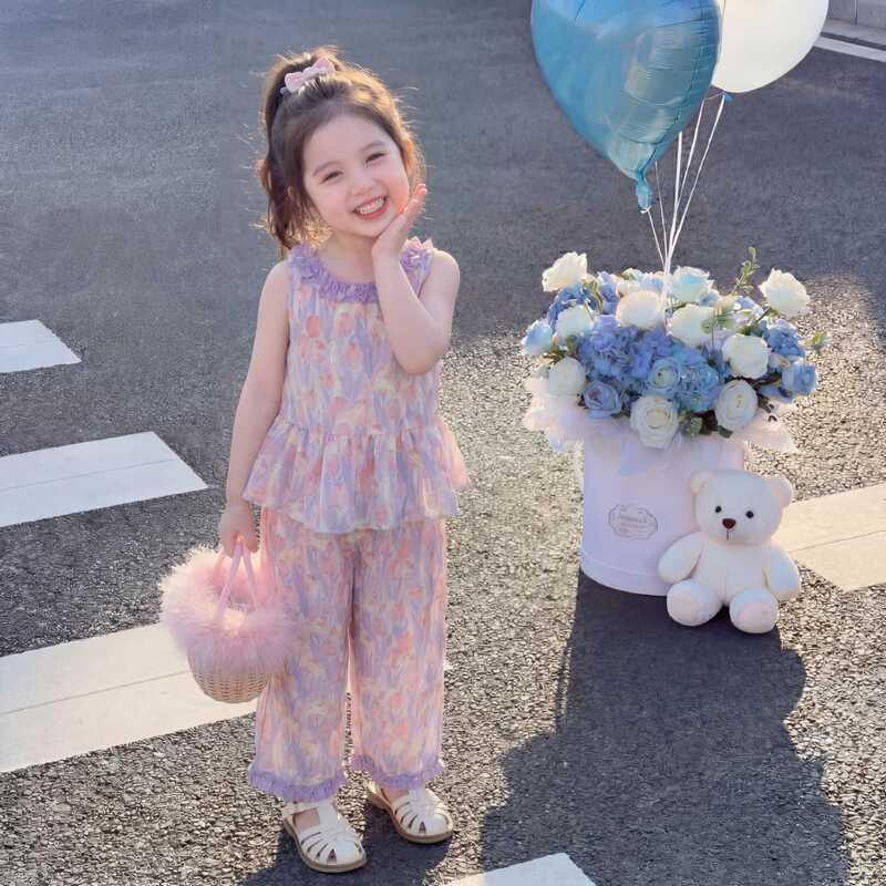 Girls Flower Thin suit 2025 New Baby Summer Vest Wide Leg Pants Two-piece Children's Fashionable Summer Dress