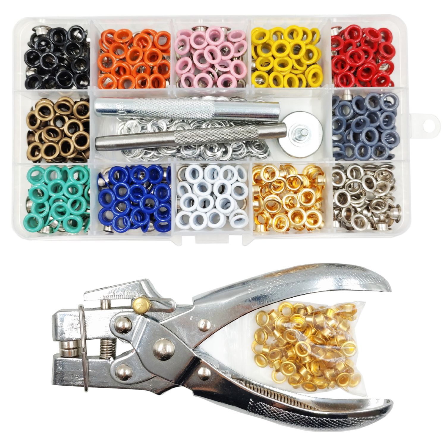 Ojos de gas transfronterizos de 5mm + pinzas de perforación de montaje de herramientas de agujero de gas de cobre colorido agujero de ojo de gallo conjunto agujero de zapato de metal pintado