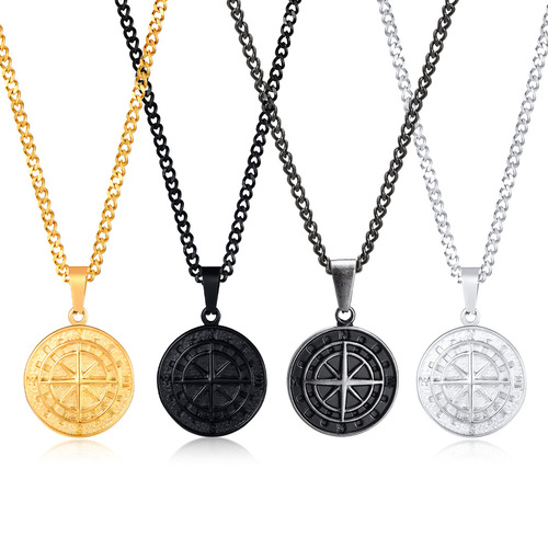 Stainless steel compass pendant gold coin compass men hip hop necklace jewelry wholesale PN-1527