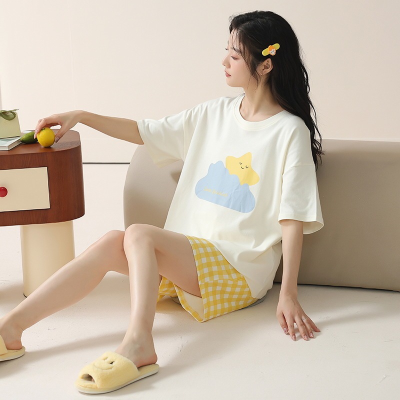 Class A Antibacterial Cotton Pajamas Women's Summer Short-sleeved Plus Size Cartoon Cute Girl's Cotton Home Clothes suit