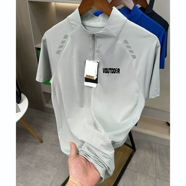 Vdout Outdoor Sports Quick-Drying Short-Sleeved T-Shirt Men's Half-Zip Reflective Strip Cycling Clothing Fitness Running Spring and Summer