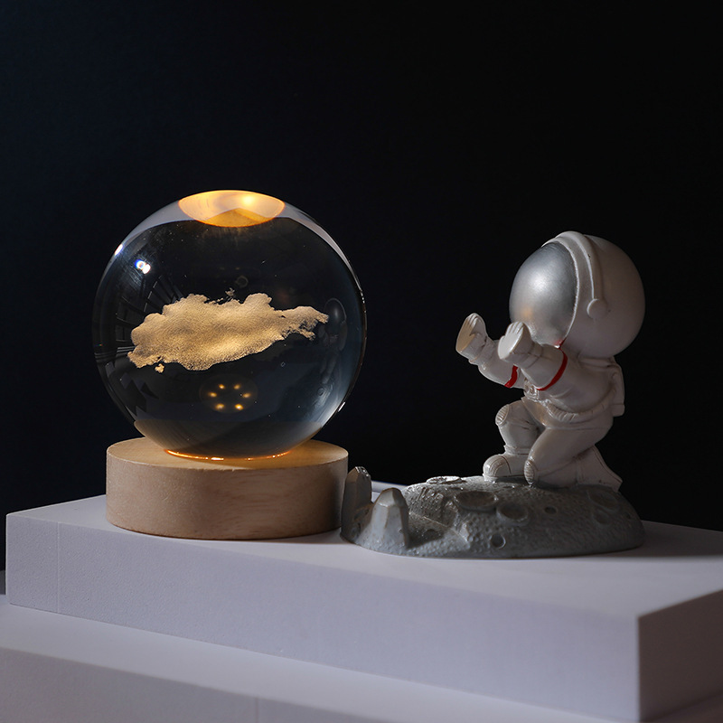 クロスボーダー発光台座3d内彫刻水晶玉銀河太陽創意デスクトップ置物ガラス水晶玉小夜灯|undefined
