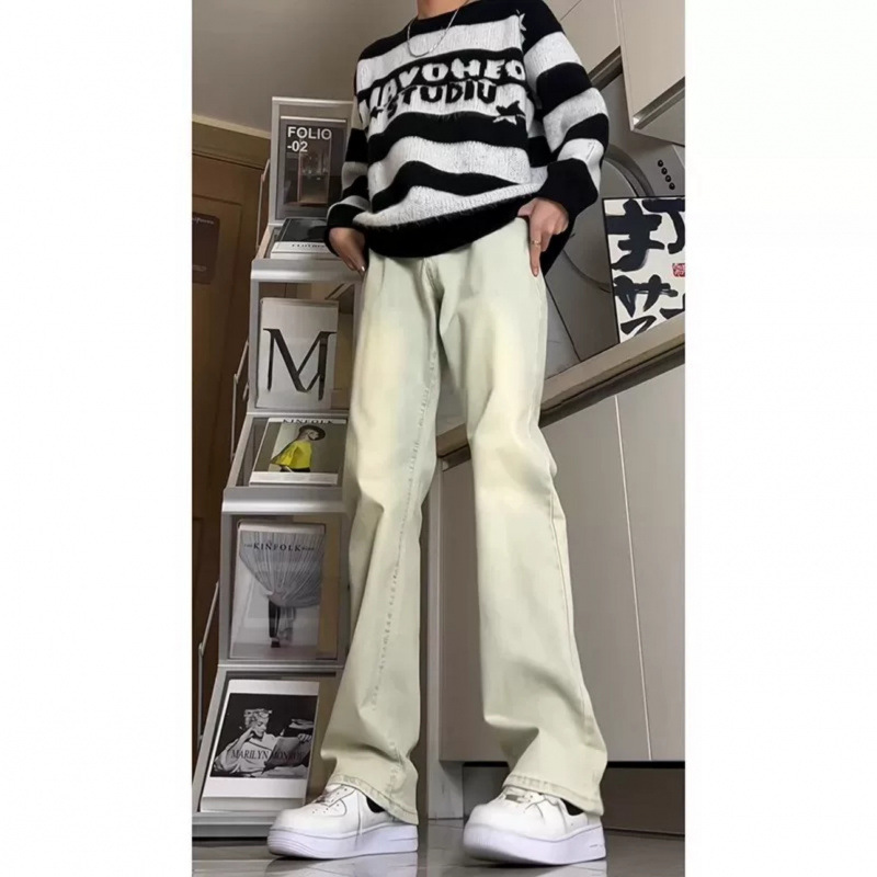 美式高街复古蓝高腰牛仔裤男款秋季vibe裤子高个子修身直筒微喇裤|undefined