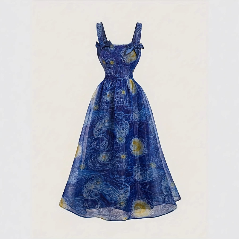 Retro Suspender Dress Blue Van Gogh Starry Sky Print Women's Sundress Holiday Wear Bow Dress Retro Suspender Dress Blue Van Gogh Starry Sky Print Women's Sundress Holiday Wear Bow Dress
