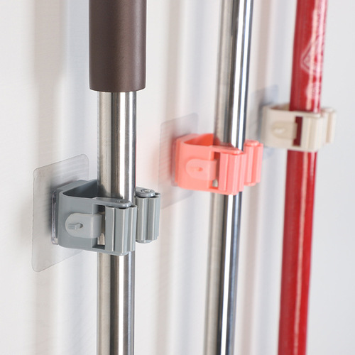 Mop clip wall-mounted card holder punch-free broom clip artifact strong adhesive buckle bathroom fixed rack hook