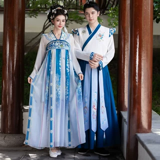 成人古风汉服套装情侣装蓝色国学服演出服拍照新中式春秋刺绣唐装