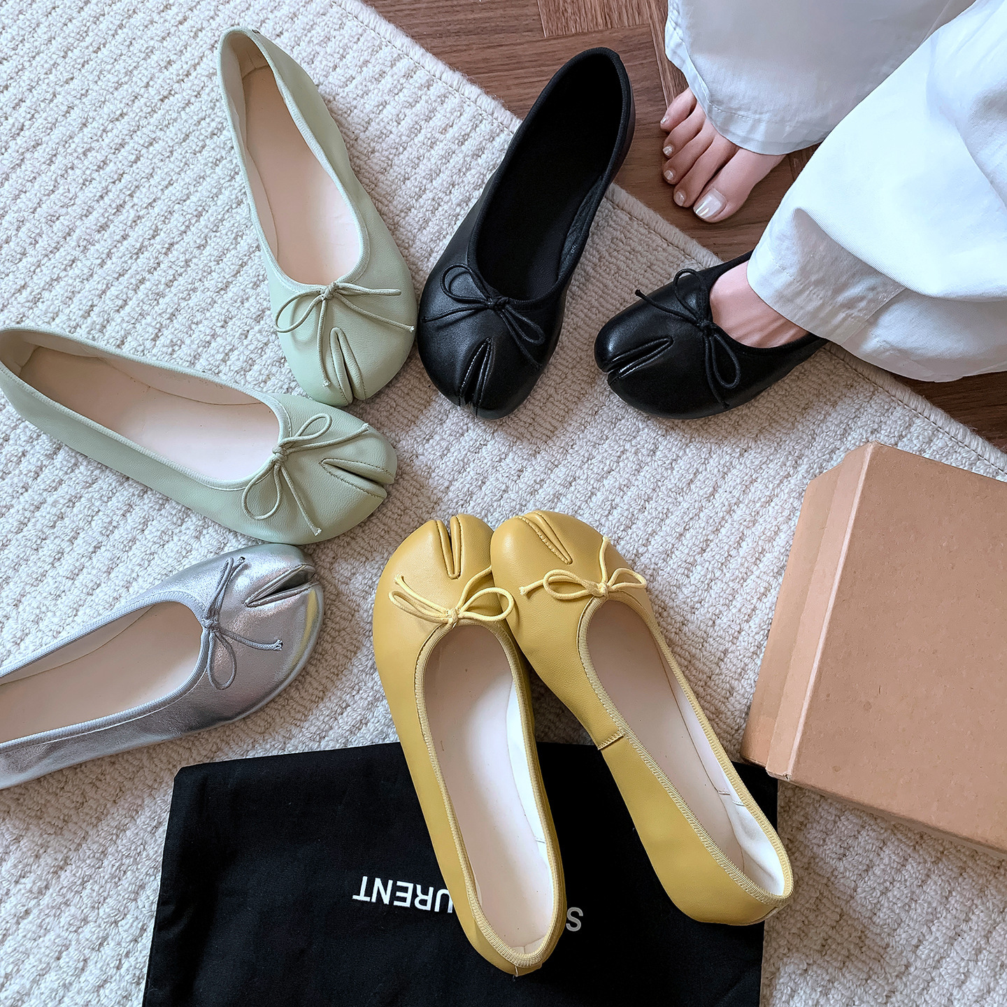 Giày ballet nữ da cừu mũi tròn nơ bướm đế bệt mềm mại — đen