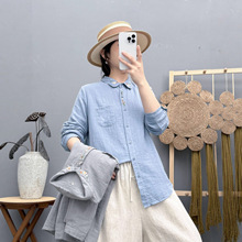 日系森女小花刺绣双层棉纱圆领长袖衬衫 秋装新款宽松显瘦上衣