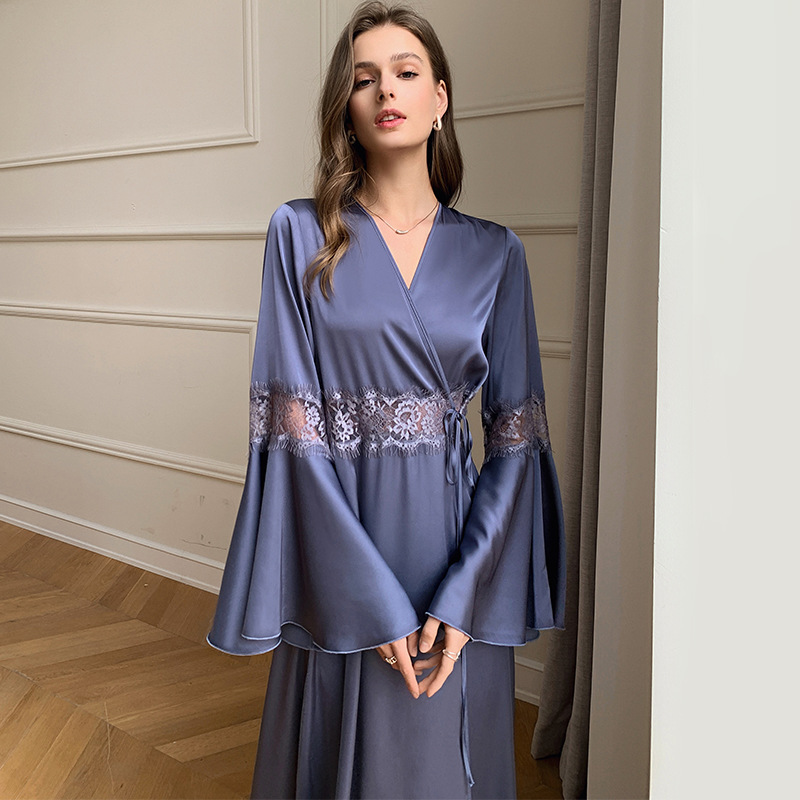 Yaoting French Satin Pajamas for Women Spring and Summer Thin Ice Silk Lace Stitching Elegant Backless Home Wear 2700 Casual