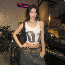 跨境欧美风2025秋季新款女装美式复古辣妹短款数字印花露脐小背心