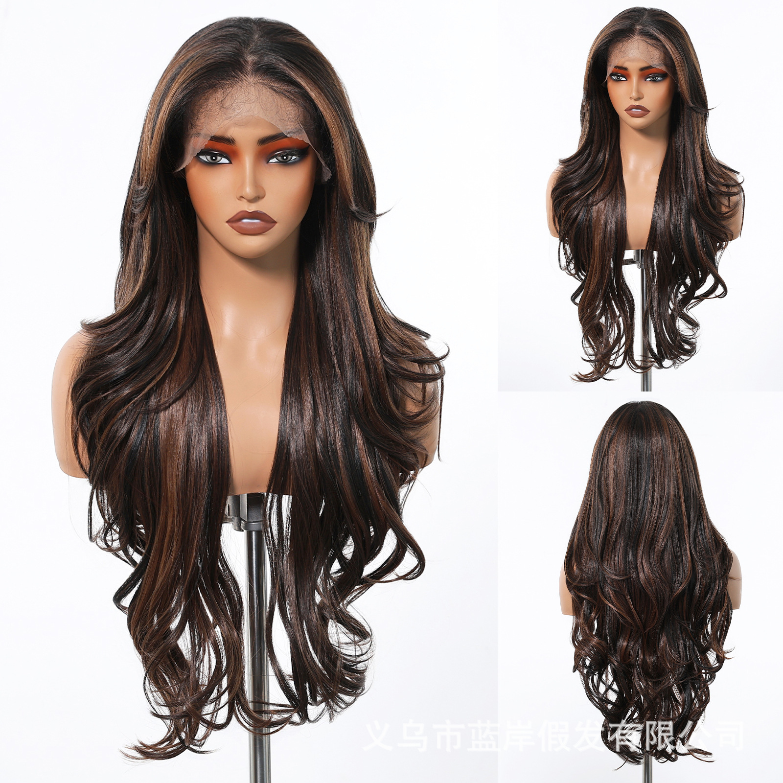 Venta caliente transfronteriza 13*6 pelucas de encaje de gran superficie de la fábrica femenina Spot marrón claro, corte de pelo largo y rizado, realista y transpirable