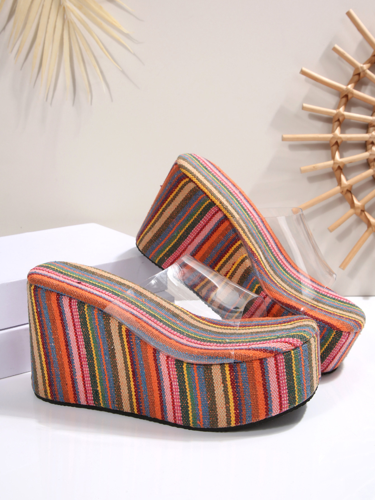 Women's Plus Size Striped Colorful Platform Sandals European American Style Transparent Wedge Summer New Style Size 43_vogvips.com