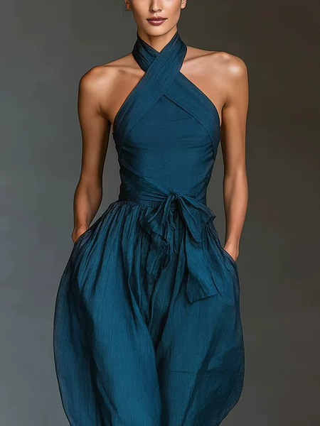2026 European and American New Style Women's Lace-Up Linen Fabric Cross-Strap Wide-Leg Jumpsuit