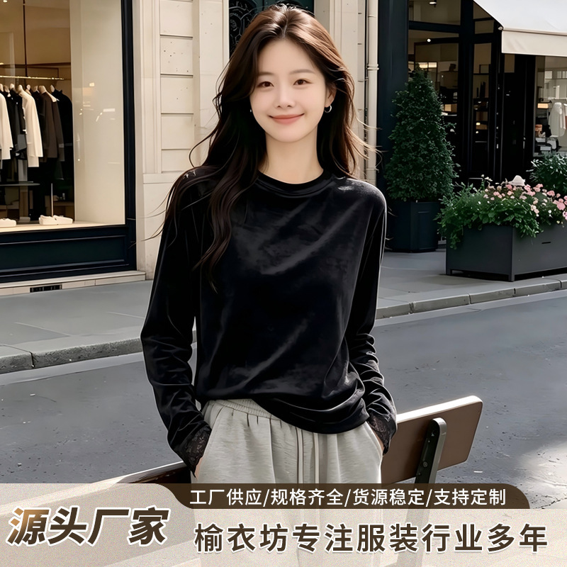 French romantic style, stand-up collar, ruffled trim, flared sleeves, lace patchwork, black velvet top, gold velvet undershirt