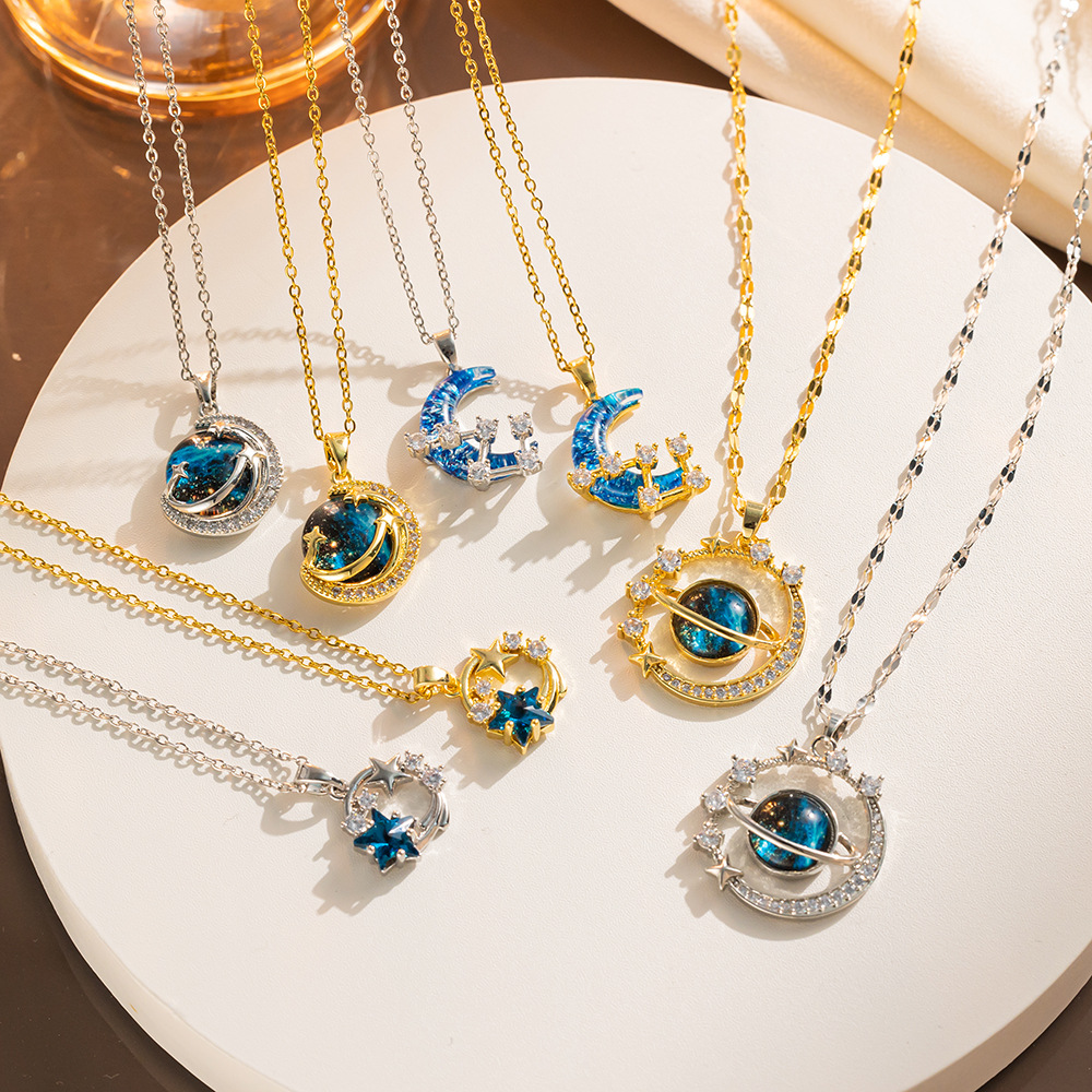 Collar de acero de titanio – diseño de planeta y cielo estrellado, no se desvanece, joyería femenina de alta calidad