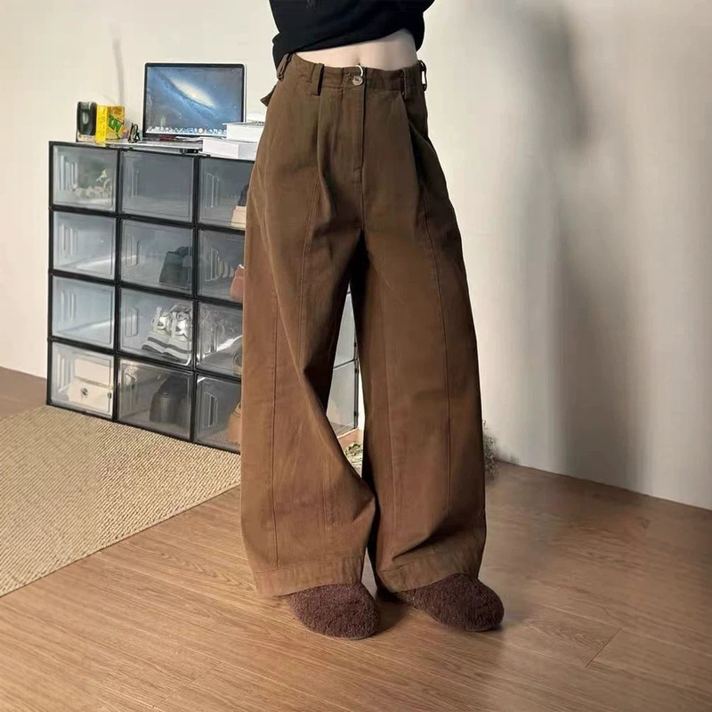 Vintage Coffee Brown Wide-Leg Jeans for Women, Autumn 2026 New High-Waisted Loose Slimming Straight-Leg Floor-Length Pants