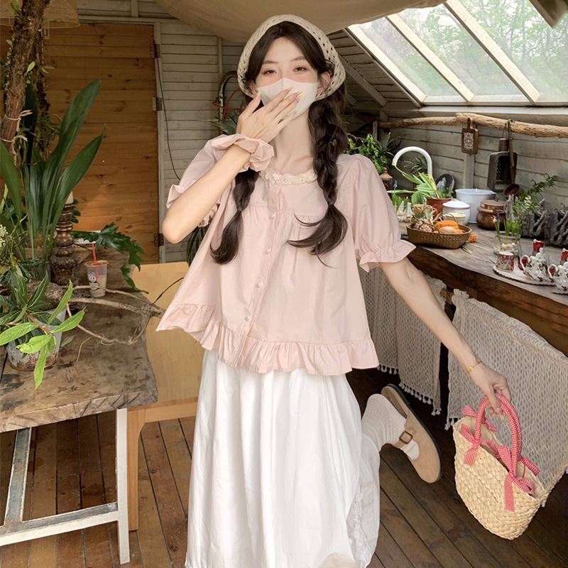 樱花粉色棉麻短袖花苞上衣女夏多巴胺森系田园风泡泡袖miu里衬衫