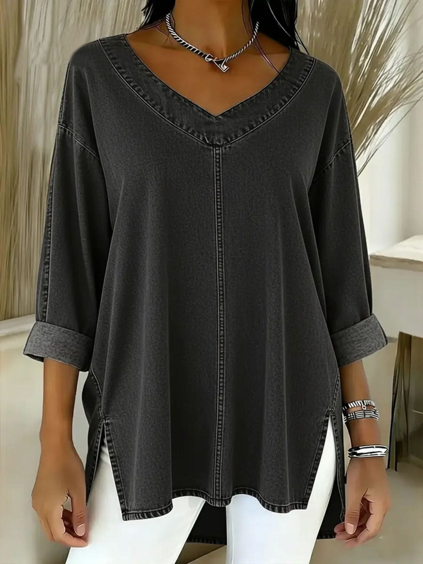 Women's Denim V Neck Top Street Fashion Spring New Arrival_ecoleips.com