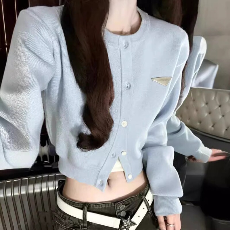 Autumn New Design Blue Cardigan Sweater Women's Short Coat Knitted Top for Women
