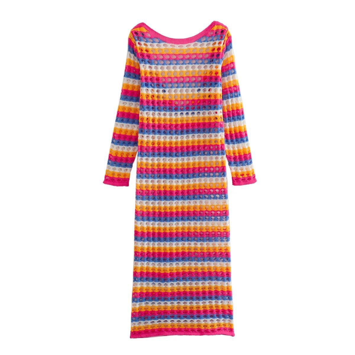 Women's Sheath Dress Sexy Round Neck Contrast Binding Long Sleeve Stripe Maxi Long Dress Beach display picture 5