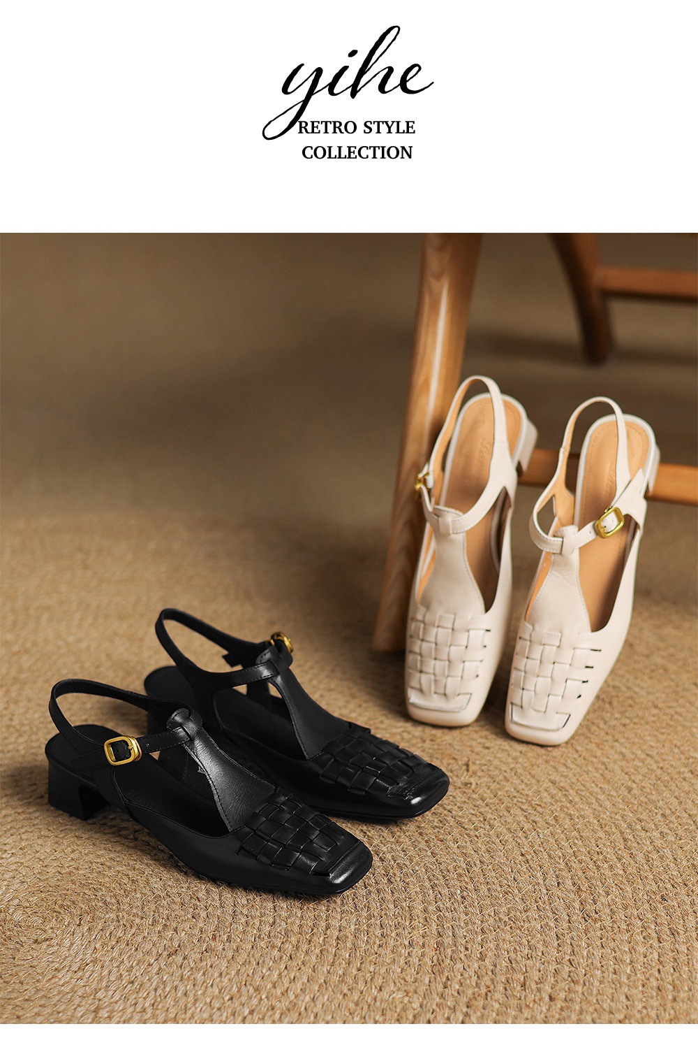 Sandal Mary Jane nữ mũi vuông da bò gót thấp quai chữ T đan dây — đen chi tiết 12