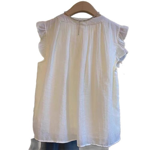 Korean-style niche blue women's summer lazy wood ear edge sleeveless blouse French round collar pleated small flying sleeve top