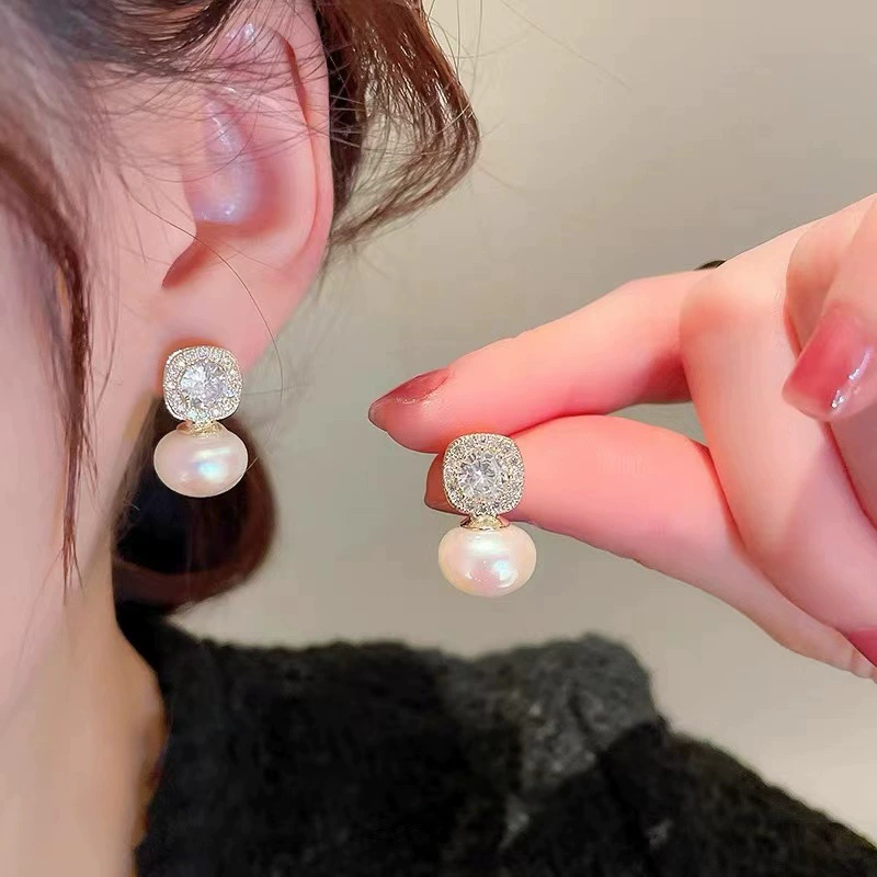 Pearl bow earrings, Japanese‑Korean style, rhinestone‑encrusted, lightweight 0.01 kg