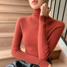 定制安克拉红一线成衣无缝羊毛女紧身堆堆领毛衣修身高领针织衫