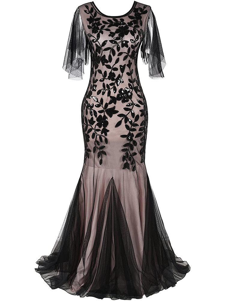 Vestido largo retro de los años 20 para mujer, estilo Gatsby, para fiesta de graduación, banquete, vestido de noche de manga corta, estilo europeo y americano GA166