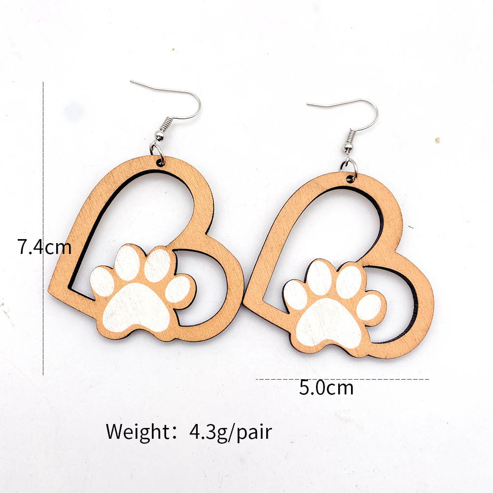 1 Pair Cute Paw Print Heart Shape Wood Mother's Day Women's Drop Earrings display picture 2