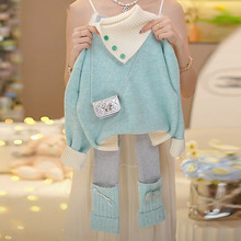 女童春秋季甜美风针织衫套装2025新款儿童宝宝洋气斜领毛衣打底裤