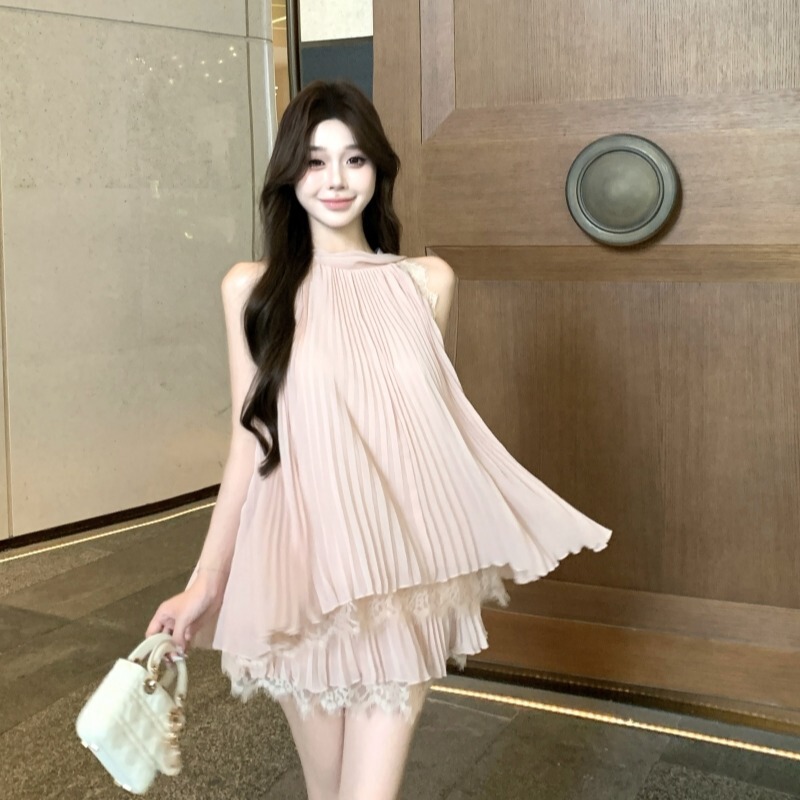 Xinda Lian 夏風レースホルターネックノースリーブトップ女性の夏のシフォンスーツ 2 点セット|undefined