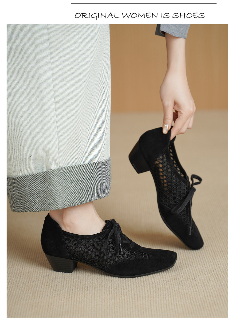 Giày sandal cao gót nữ hở mũi phối lưới, gót 4 cm, phong cách vintage — đen chi tiết 6