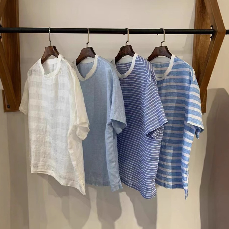 Artistic Style Blue Striped T-Shirt Linen Women's Summer Relaxation Wear Loose Top Blouse Thin