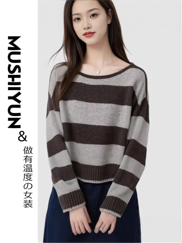 【专柜正品】大码软糯慵懒风针织衫早秋新款打底长袖条纹宽松毛衣|undefined