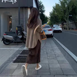 秋冬装2025新款茶系美拉德穿搭一整套显瘦遮肉连衣裙子两件套装女