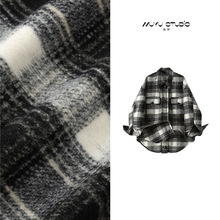 法式慵懒风羊毛呢宽松复古中长款外套女冬新款中长款格子加绒衬衫