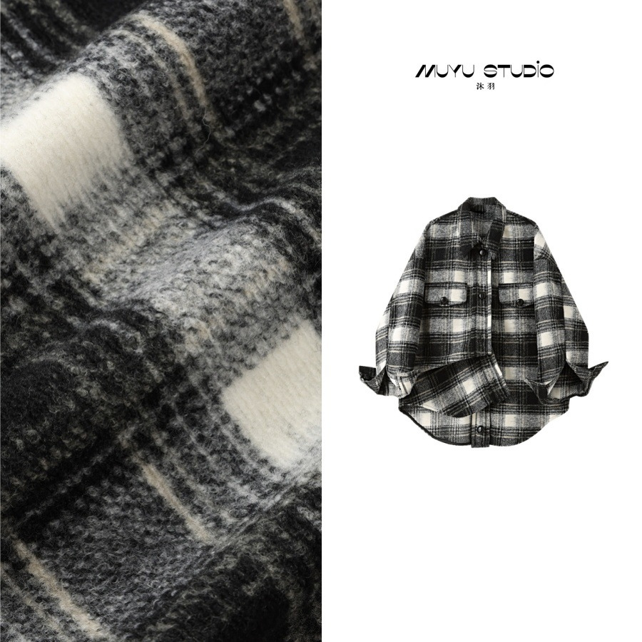 法式慵懒风羊毛呢宽松复古中长款外套女冬新款中长款格子加绒衬衫