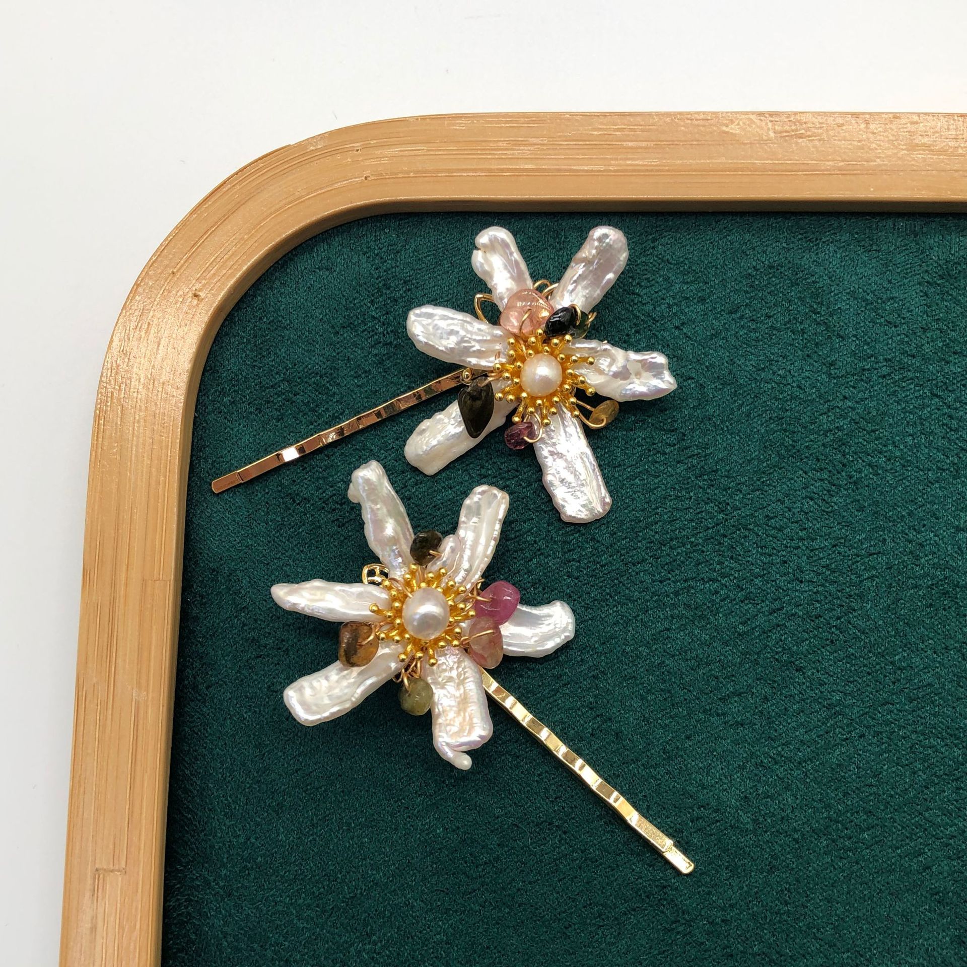 Natural Baroque Pearl Copper Plated 18K Real Gold Hairpin Hand-Inlaid Tourmaline Stone Small Fresh and Exquisite Design