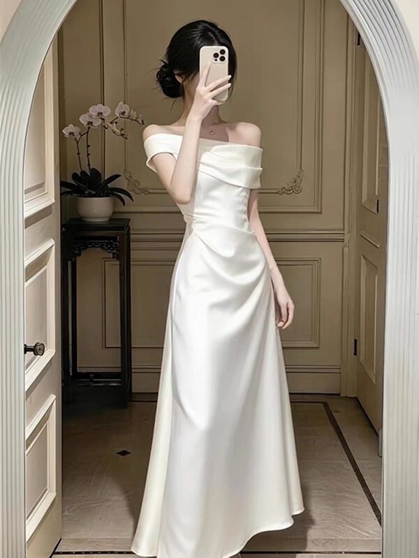 French-Style Off-The-Shoulder Evening Gown, High-End Luxury Niche Satin Dress, Engagement Dress, Registration Dress, Little White Dress French-Style Off-The-Shoulder Evening Gown, High-End Luxury Niche Satin Dress, Engagement Dress, Registration Dress, Little White Dress